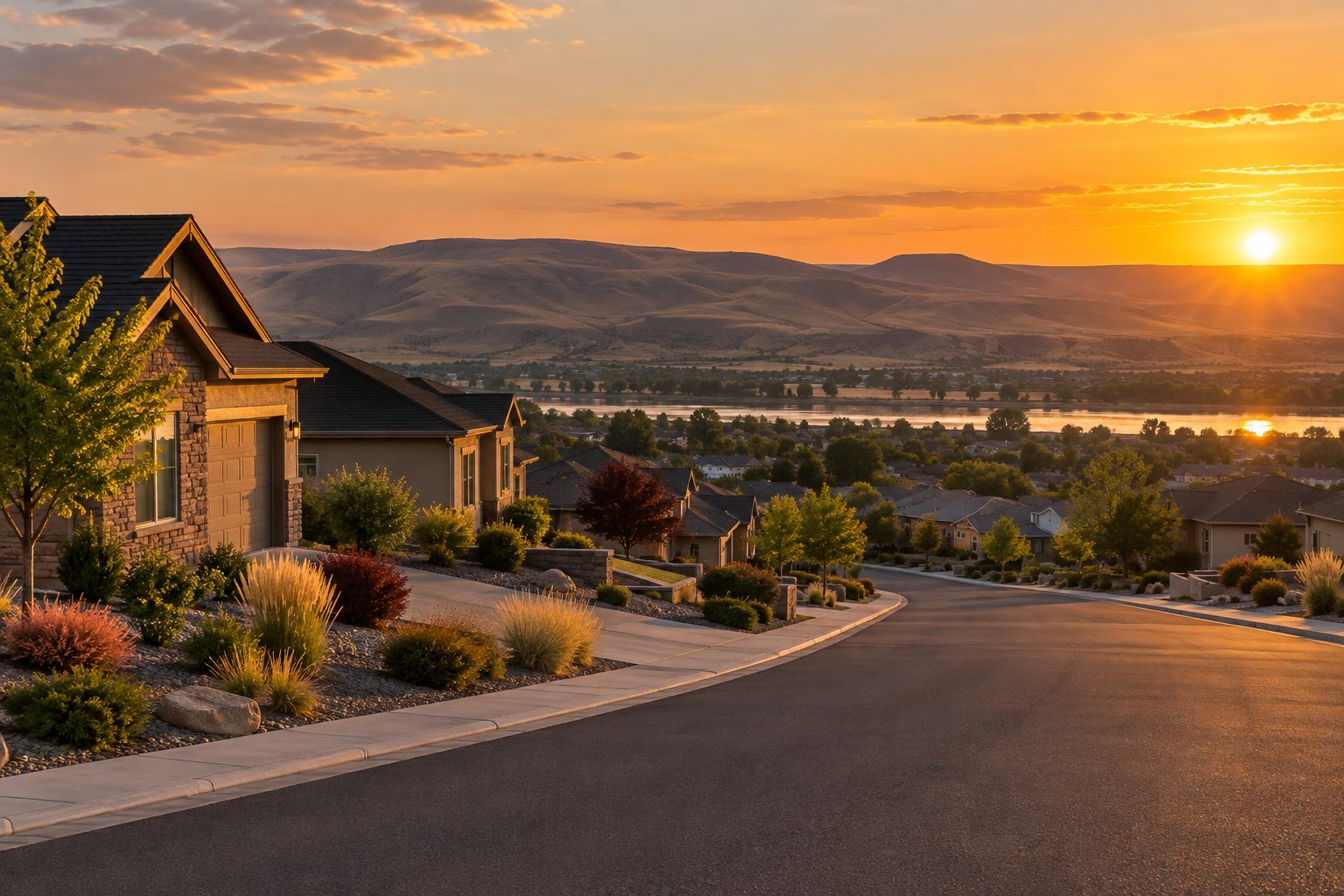 A Tri-Cities, Washington neighborhood at golden hour, illustrative