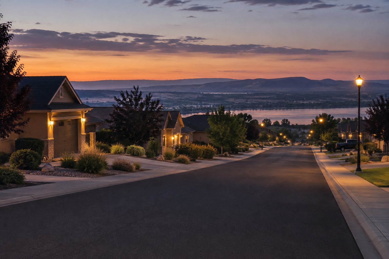 A quiet Tri-Cities, Washington residential street, illustrative