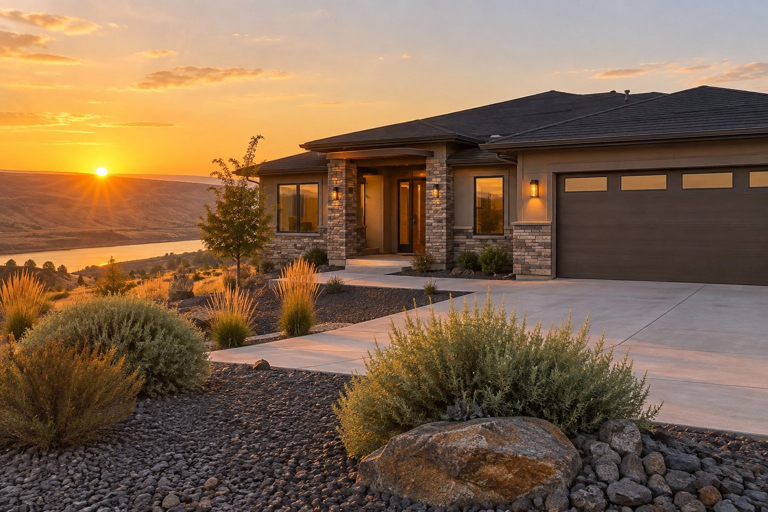 A Tri-Cities, Washington home exterior at golden hour, illustrative
